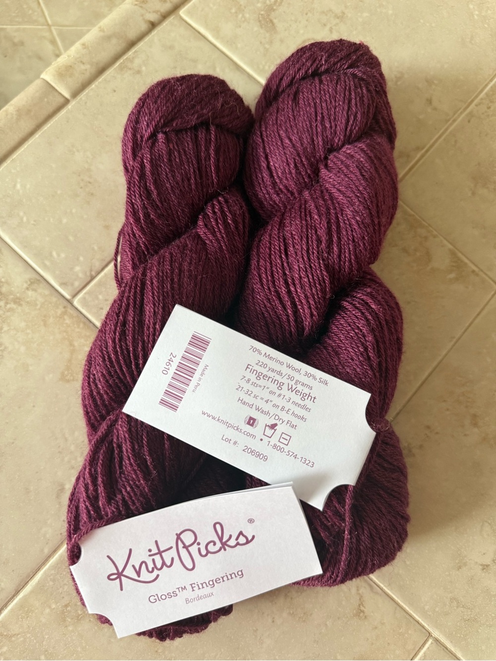 Knit Picks Gloss Fingering Sweater Yarn - Bordeaux (Deep Wine) 2 Hanks